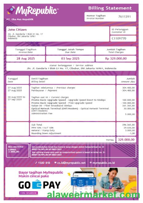 Indonesia My Republic utility bill template in Word and PDF formats